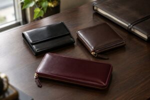 木のデスクに置いた黒・茶・ボルドーの革のメンズ財布3つ