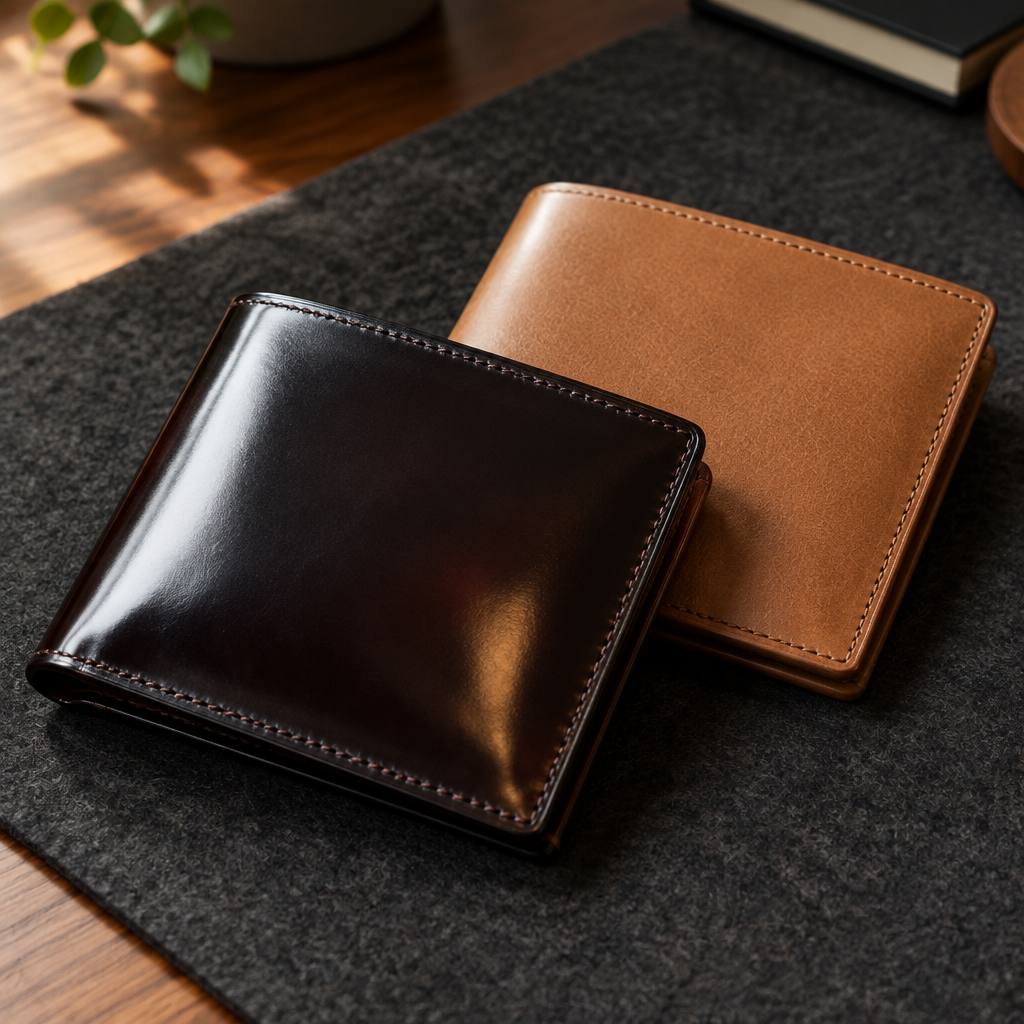 艶のある黒いコードバンとキャメルの牛革の二つ折り財布