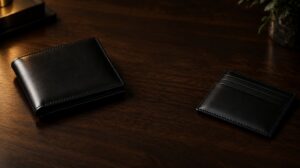 木の台に置いた黒い革の二つ折り財布とカードケース